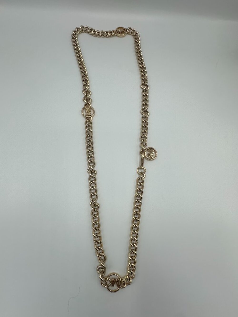 Michael Kors Gold Multi MK Logo Emblem Statement Medallion Chain Belt M/L